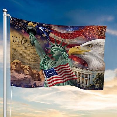 Amerikanische patriotische Flagge mit Freiheitsstatue, Weißkopfseeadler, Mount Rushmore und Weißem Haus, ideal für die Dekoration im Innen- und Außenbereich.