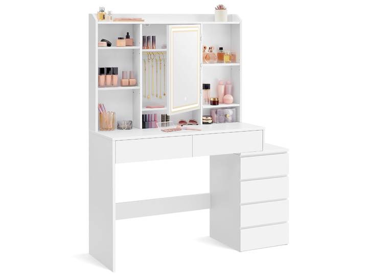 Coiffeuse Avec Éclairage Led\, Luminosité Réglable\, Coiffeuse Avec Miroir\, Coiffeuse Avec Tiroirs\, Compartiments Ouverts\, Étagères Réglables