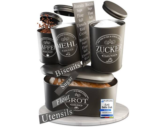 IDEALTASTIC Vorratsdose IDEALTASTIC® Premium Brotkasten Set (4er), Zuckerdose, Brotbox schwarz, Stahl, (Mehl Aufbewahrung & Kaffeedose luftdicht, 3x Vorratsdose je 500g & 1x Brotkasten), Modernes Design, luftdicht, BPA-frei, robust & lebensmittelecht