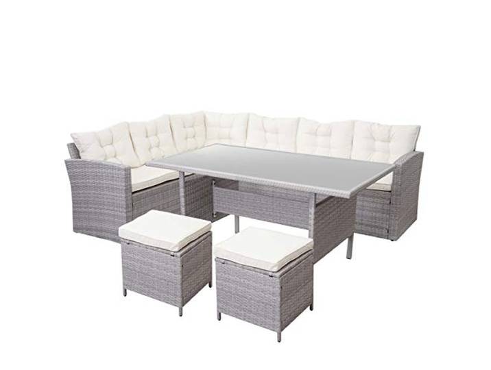 Mendler Poly-Rattan-Garnitur (2xHocker) HWC-A29 - hellgrau, Kissen Creme Gartengarnitur, Sitzgruppe, Lounge-Esstisch-Set, Sofa + 2X Hocker