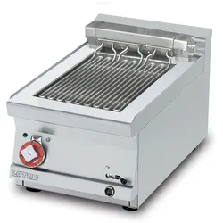 Elektrischer Kontakt-Tischgrill für direktes Kochen auf einem kippbaren Heizelement aus Edelstahl. Abmessungen 40x60 h28 cm. Modell CWKT-64ET