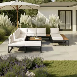Loungegarnitur Adriano Creme Akazie/Metall/Outdoorstoff
