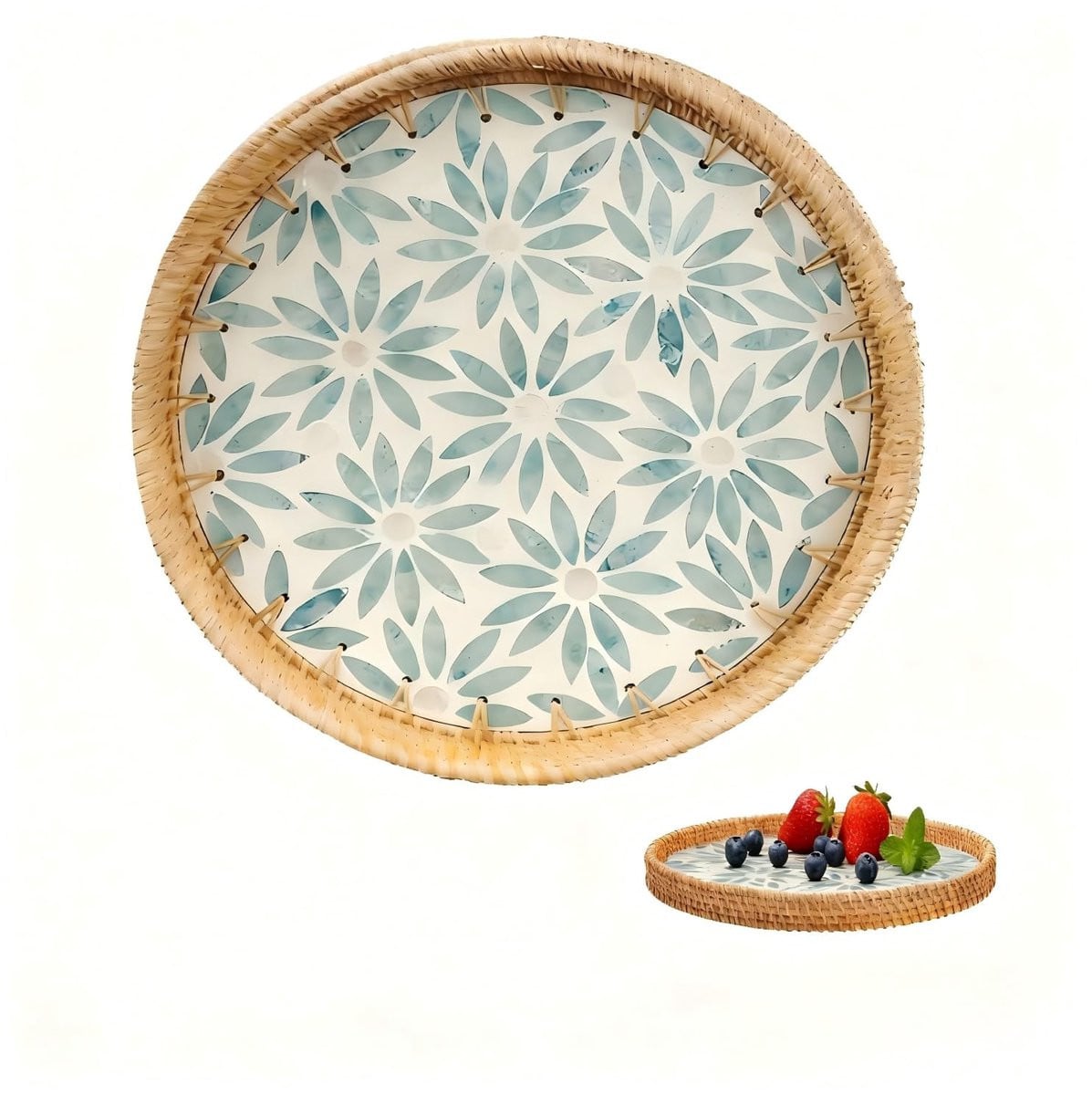Dailygoods Handgeweven Rotan Dienblad Rond - Modern Boho Decoratief Dienblad - Diameter: 30 cm, Hoogte: 3 cm