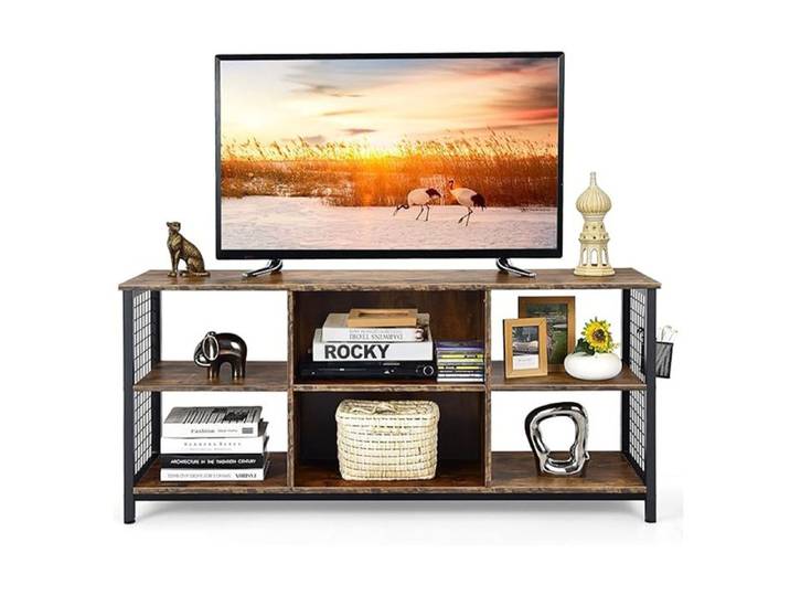 GIANTEX - Meuble TV Industriel - 140 x 40 x 63 cm - 6 Compartiments Ouverts - Étagères Réglables - pour Télévision jusqu'à 65