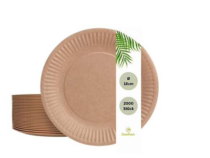 DeinPack Einwegteller 18 cm Ø 2000 Stück I Pappteller braun rund I recycelbares Partygeschirr umweltfreundliche Teller biologisch abbaubar
