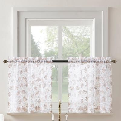 No. 918 Jacqueline Tonal Floral Puff Print Semi-Sheer Rod Pocket 2-Piece Kitchen Curtain Tier Pair