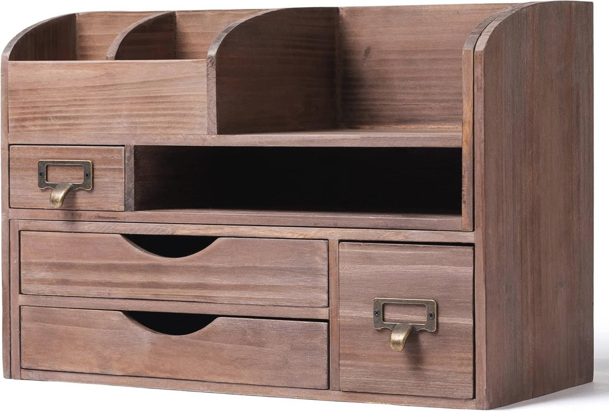 Verstelbare houten bureau-organizer voor kantoormateriaal en accessoires - Bruin