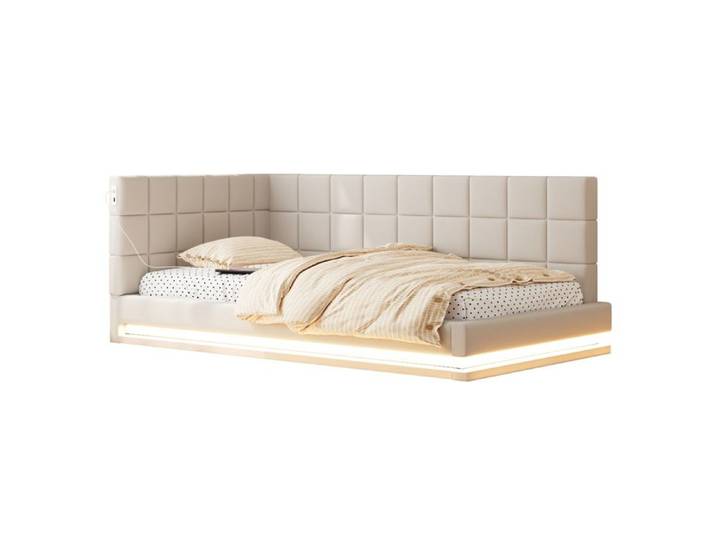 Lit banquette enfant 90x200cm avec LED et USB sommier à lattes pour chambre ou studio lin beige