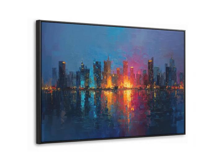 MuchoWow Leinwand Bilder mit Rahmen - Skyline - Pinselstriche - Dunkelblau - Leuchtend - 140x90, Blau, Rechteckig, 140x90 cm, gerahmt, Bilder & Rahmen, Bilder, Leinwandbilder
