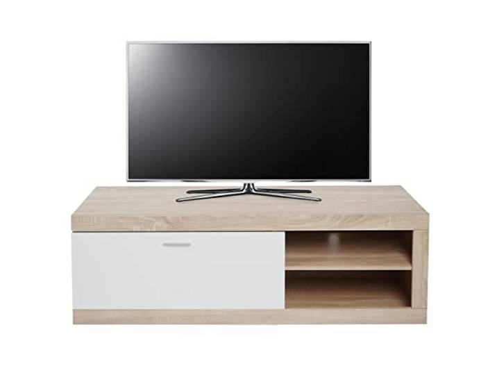 Mendler TV-Rack HWC-L33 Holz 43x140x41cm Staufach TV-Board, Fernsehtisch, Lowboard, TV-Schrank, Kommode, Eiche-Optik, weiß