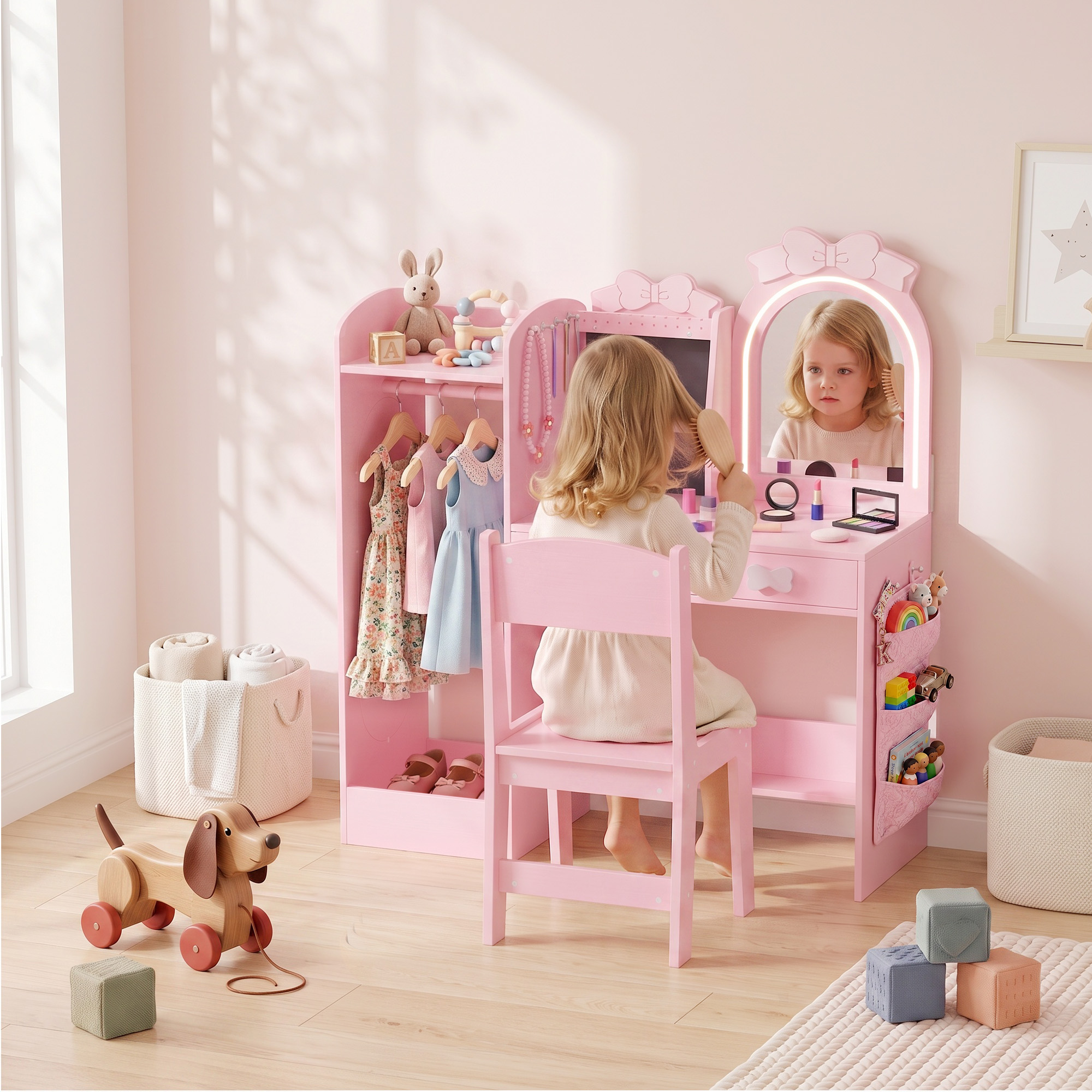 Aiyaplay Toeletta per Bambini 3 in 1 con Sgabello, Specchio con Luci a 2 Colori e Appendiabiti, Rosa, 3-8 Anni   Aosom Italy