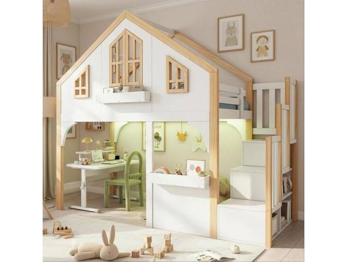 VUENOR Lit mezzanine cabane enfant 90x200 cm blanc et naturel – bureau LED