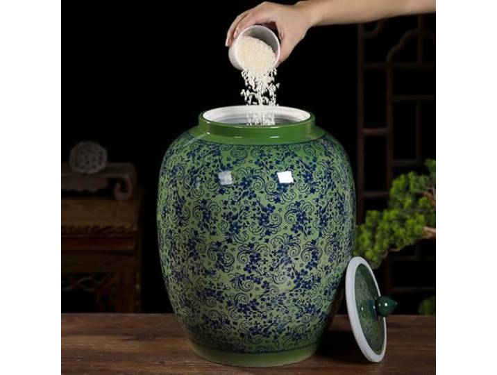 YCBTPS Reisbehälter Aus Keramischer, 25kg Haushaltsreiszylinder Mit Luftdichtem Deckel, Chinesischer Nudelglas Mehlkübel, Keramik Aufbewahrungsbehälter(33lb-15kg)