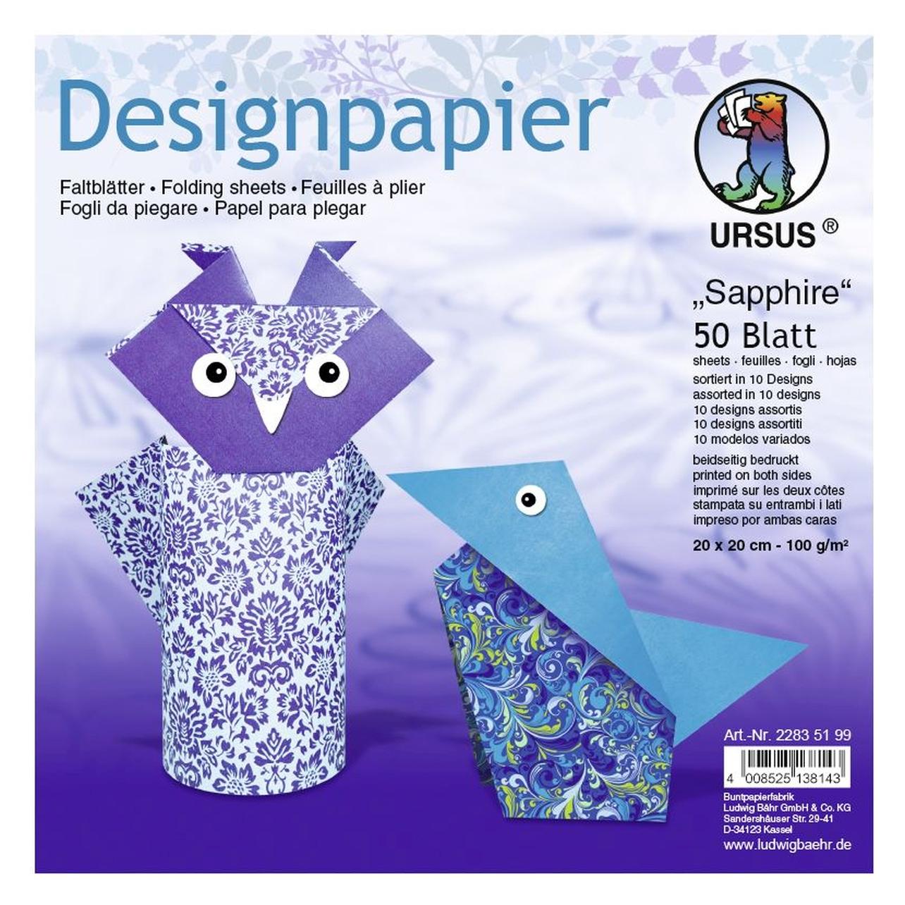 Ursus Desinpapier Faltblätter 'Sapphire' 100g/qm 20x20cm VE=50 Blatt sortiert 10 Designs (100 g/m², 1x) (22835199)