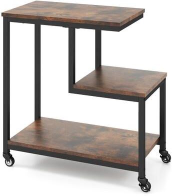 Costway G-shaped Side Table 3-Tier Mobile End Table with Open Shelves-Rustic Brown
