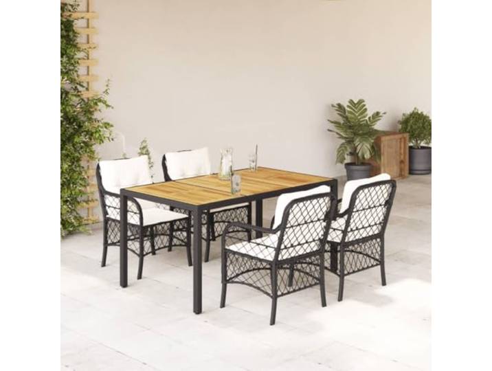HEFZGDB 5-TLG. Garten-Essgruppe mit Kissen Schwarz Poly Rattan, Outdoor Esstischgruppe mit Akazienholz Tischplatte und waschbaren Bezügen, robuste PE Rattan Gartenmöbel für Terrasse,