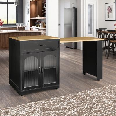 ZWYO HOSIMU Extendable Kitchen Island Table with Power Outlet, Folding Top, Wine Rack, Acrylic Cabinet & Wheels
