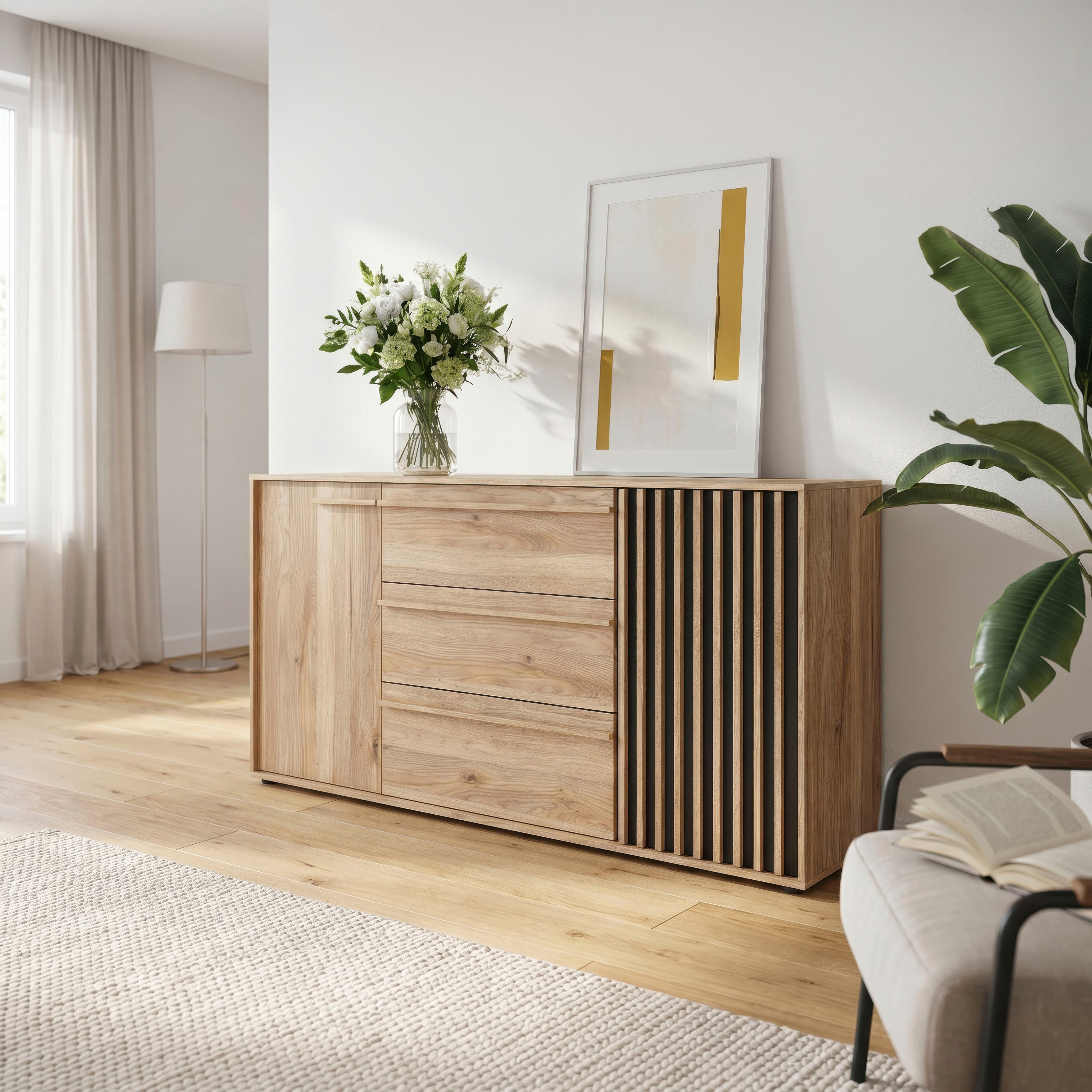 Sideboard FORTE "Forte Arank Sideboard 162, Vollauszug, Soft Close", mauvella eiche, schwarz, B:162,5cm H:84,9cm T:41,7cm, Spanplatte, Sideboards, Sideboard