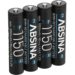 ABSINA Akku AAA 1150 - 4er Pack NiMH min. 1050mAh wiederaufladbarer Micro AAA Akku mit 1,2V - AAA Akkus ideal für Telefon - Batterien AAA