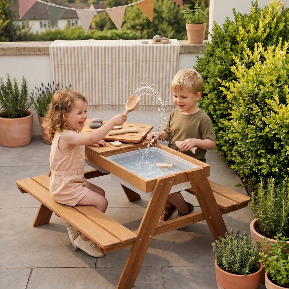 roba Table de pique-nique pour 4 enfants en bois teck avec 2 bacs Marron 86x50x89cm