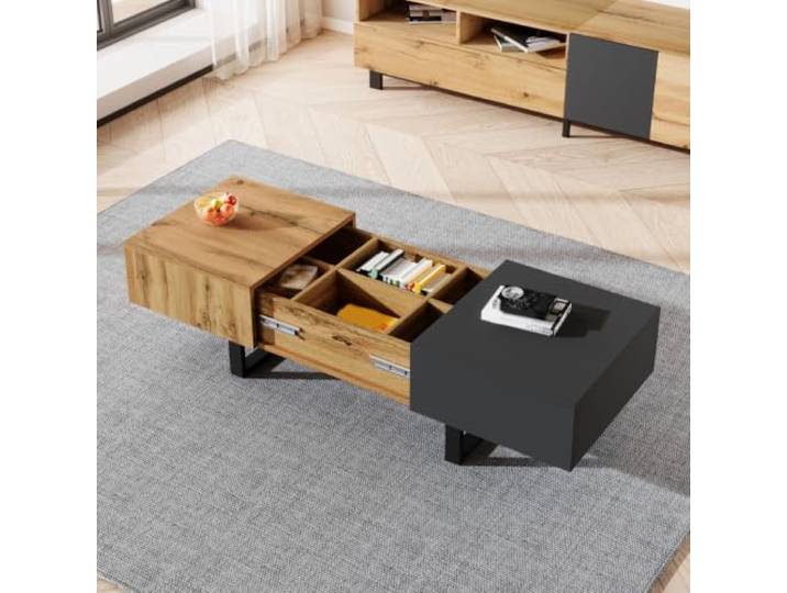 LOBO OFFICE Ausziehbarer Couchtisch mit Stauraum, Salontisch mit Fächern Moderner Farbblock-Design: warmer Holzton kombiniert mit mattem Schwarz, harmoniert hervorragend mit passendem TV-Schrank