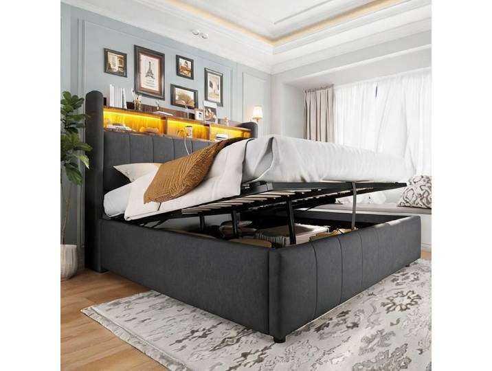 Lit double tapissier 160x200 cm avec hydraulique LED et USB en lin slate gray