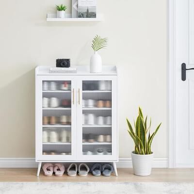 YUN Shoe Cabinet with Glass Doors, 5-Tier Entryway Shoe Organizer Storage Rack with Large Storage