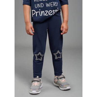 Leggings KIDSWORLD "Süße Leggings mit Sternenapplikation für kleine Mädchen", Mädchen, Gr. 104/110, N-Gr, blau (marine), angeraute Sweatware, Obermaterial: 95% Baumwolle, 5% Elasthan, slim fit lang, Hosen Leggings, Warme Leggings mit Sternen,...