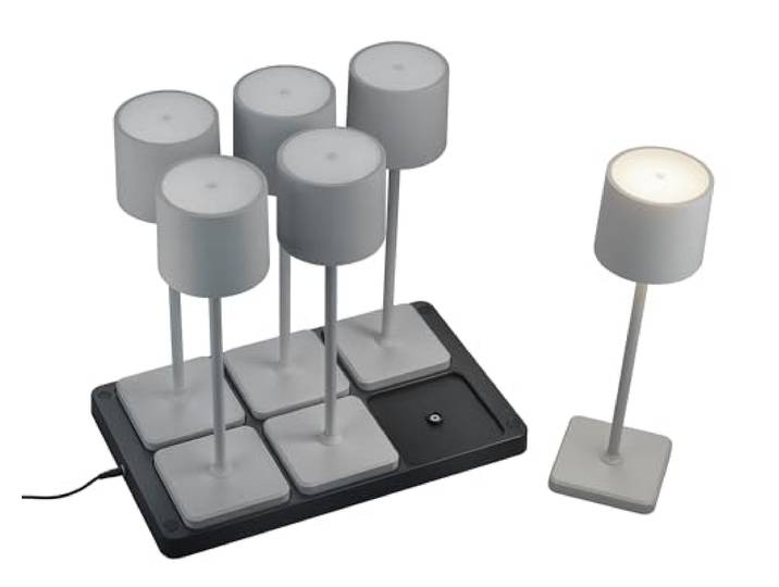 Reality Leuchten LED Akku Außen Tischleuchten Set Fernandez R54096677, 6x Akku Tischleuchten mit 6er-Ladestation, Metall/Kunststoff Grau je 1.5 Watt LED
