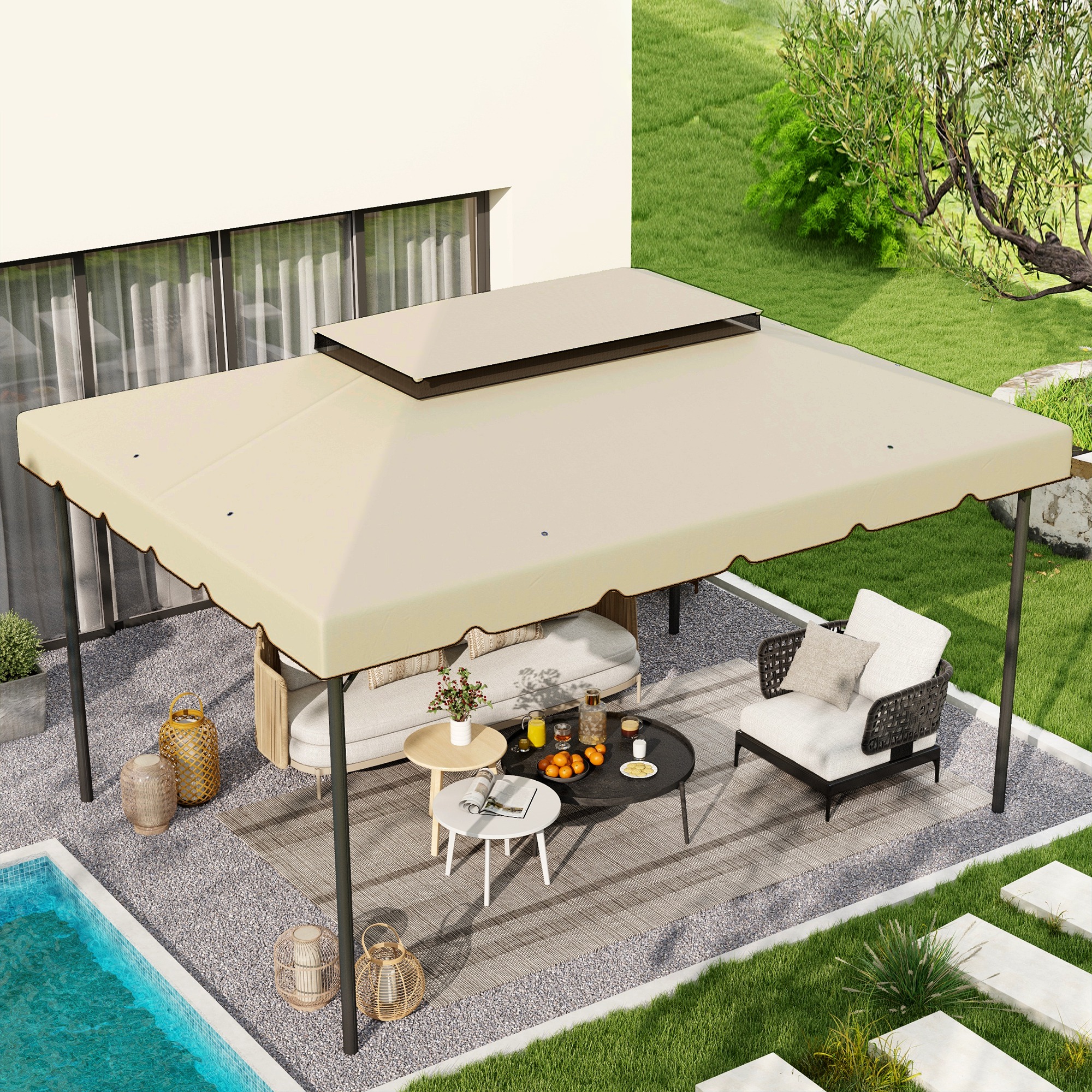 Outsunny Telo di Ricambio per Gazebo 4x3 m con Doppio Tetto Fori di Drenaggio Solo Telo NON Include Struttura Beige   Aosom Italy