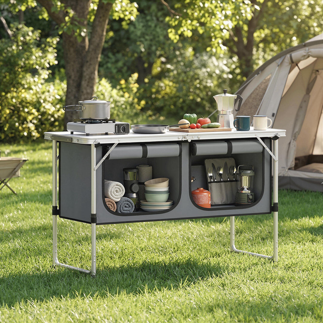 Outsunny Camping Cupboards Folding Portable with Storage Aluminium Silver Silver 120cm W X 70cm H X 47cm D
