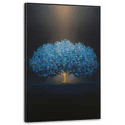 LEINWAND Bilder mit Rahmen - Baum - Blau - Blätter - Pinselstriche - 100x150