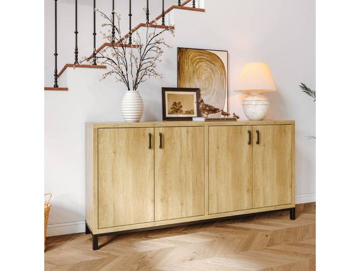 ADWOLT Buffet bahut Bois Buffet de salon avec 4 portes Poignées et base en métal noir 160x35x80cm