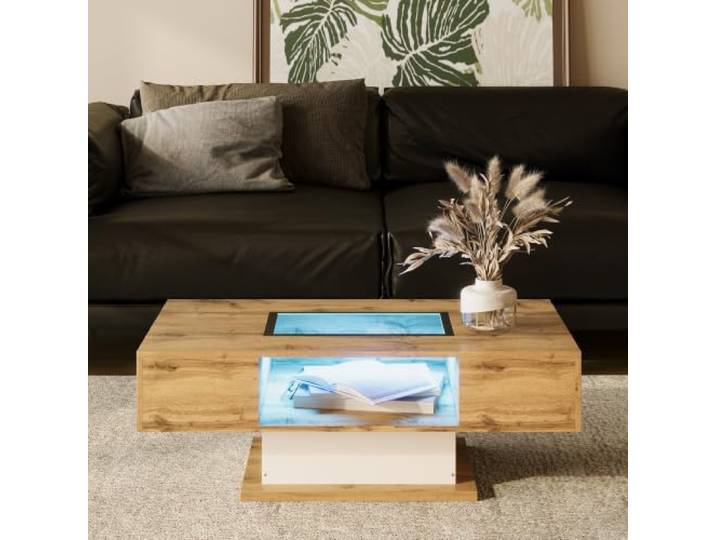 Couchtisch mit LED-Licht & 2 Schubladen, Glasplatte, 110.2*60*39.7cm Wohnzimmertisch mit Stauraum, Farbwechsel Beleuchtung App-Steuerung, Eiche Weiss Kombination, Moderne Kaffeetisch