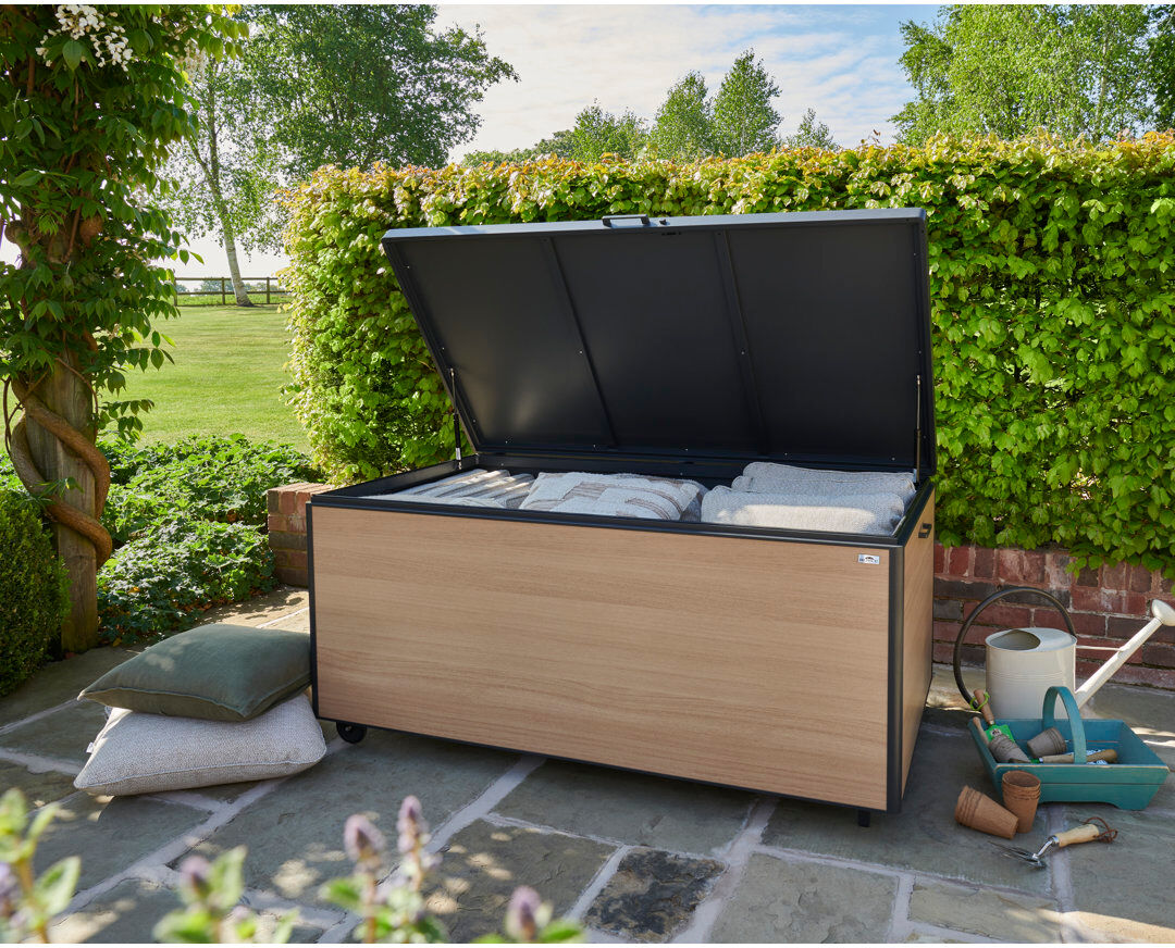 Norfolk Leisure Royce Storage 160 cm W 779 L Water Resistant Aluminium Lockable Deck Box with Wheels in Beige Beige 74cm H X 160cm W X 90cm D