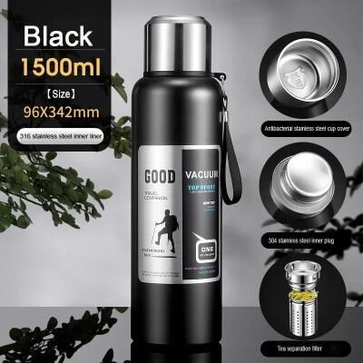 Inspire Select Large Capacity Stainless Steel Insulated Thermos Tumbler Vacuum Thermal Travel Mug For Hot & Cold Drinks black 50.7 Fl Oz