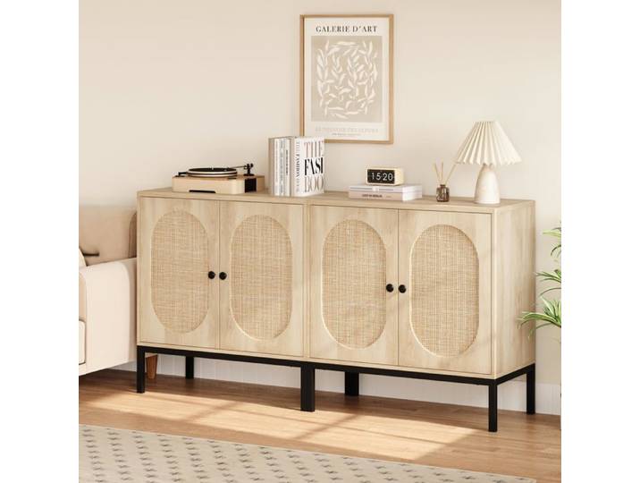 LUNSY Lot de 2 Buffet - meuble décoratif d'entrée - 2 portes rotin et en bois - Beige