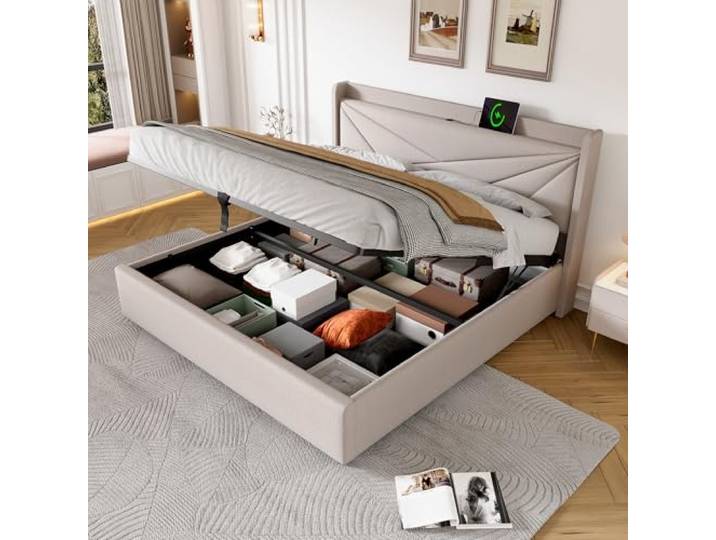 Ball & Cast Polsterbett 160x200 cm, Jugendbett mit stauraum u. USB, Beige Stauraumbett aus Leinen mit gepolstertes Kopfteil. Ohne Matratze. Einfache Montage. Ideal für Jugend- und Schlafzimmer