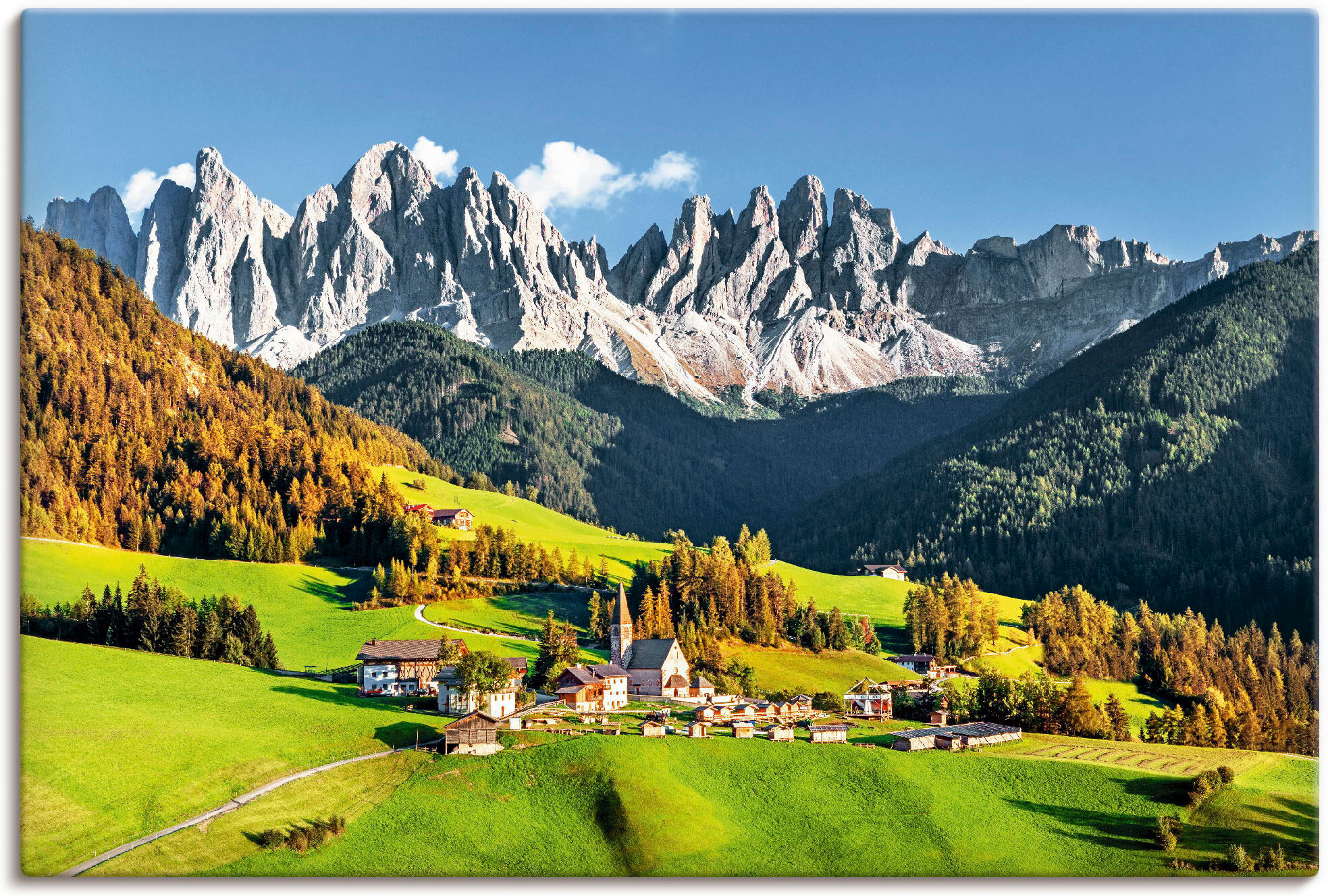 Wandbild ARTLAND "Alpen Berge Santa Maddalena", grün (farbe bild(er): grün), B:120cm H:80cm, Bilder, Wandbild, als Alubild, Leinwandbild, Poster in verschied. Grössen farbe bild(er): grün B/H/T: 120cm x 80cm, Leinwandbild Berge & Alpenbilder Querformat, 1