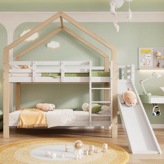 Famanu Kinderbett mit Rutsche - Spiel und Schlaf - Massives Holz - 90x200 cm - Weiß Natur