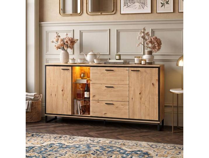 Buffet Enfilade 160 cm Grand Rangement LED 16 Couleurs avec 3 Tiroirs