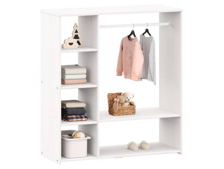 IDIMEX Kinderschrank Rafael mit Kleiderstange aus Kiefer - Weiß. Offener Schrank mit Fächern und Ablagen, Skandinavisches Design, Kinderregal nach Montessori Prinzipien