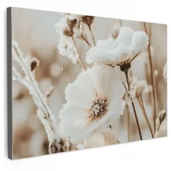 LEINWANDBILD Blumen - Winter - Weiß - Schnee - Beige Wanddeko 90x60 cm