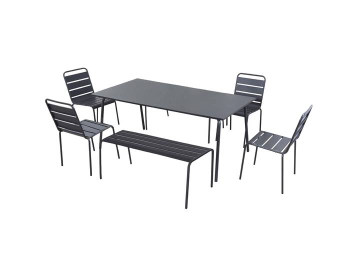 Gartentisch aus Metall, 180x90 cm, und 4 Stühle und 2 Bänke