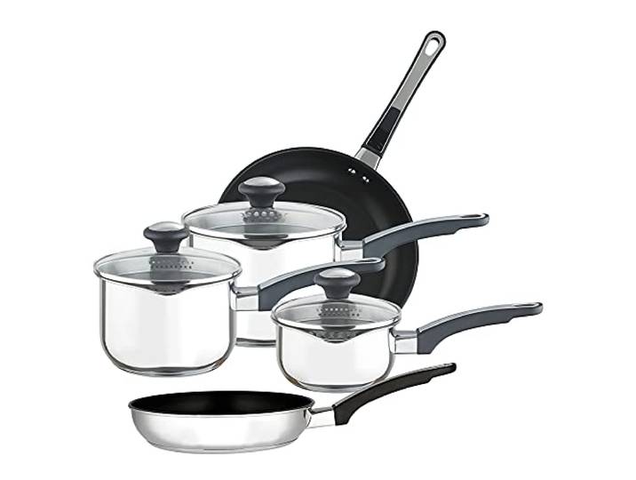 Prestige 70106 Everyday Pan Set inkl. 14/16/18 cm passieren Töpfe und 20/24 cm Bratpfannen,,Edelstahl, Schwarz/Silber, Set Set von 5, 35x30x10 cm