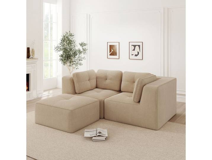 ROVRYN canape d angle modulable 2 places en L avec pouf mobile velours cotele beige