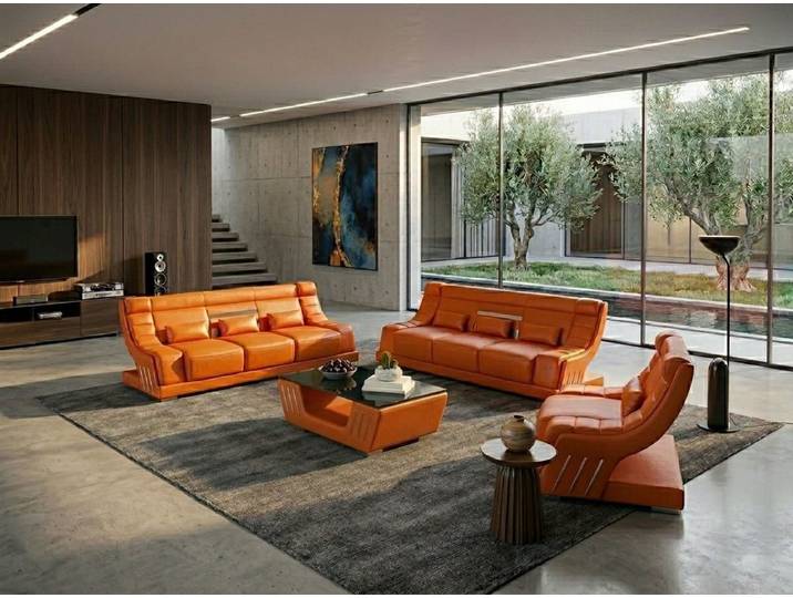 Xlmoebel Polstergarnitur Leder Sofa Set 3+3+1 Modern Orange Couch Design LED Polstergarnitur, (Sofa-Set, 3-tlg., 3-tlg), Verstellbare Rückenlehnen, Mit Kissen, Mit LED