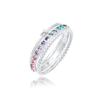 Ring-Set ELLI "Ring Kristalle Farbig Regenbogen Set (3 tlg) 925 Silber" Gr. 58, silber, Fingerringe, Damen, 58,mit Stein, Silber 925 (Sterlingsilber)