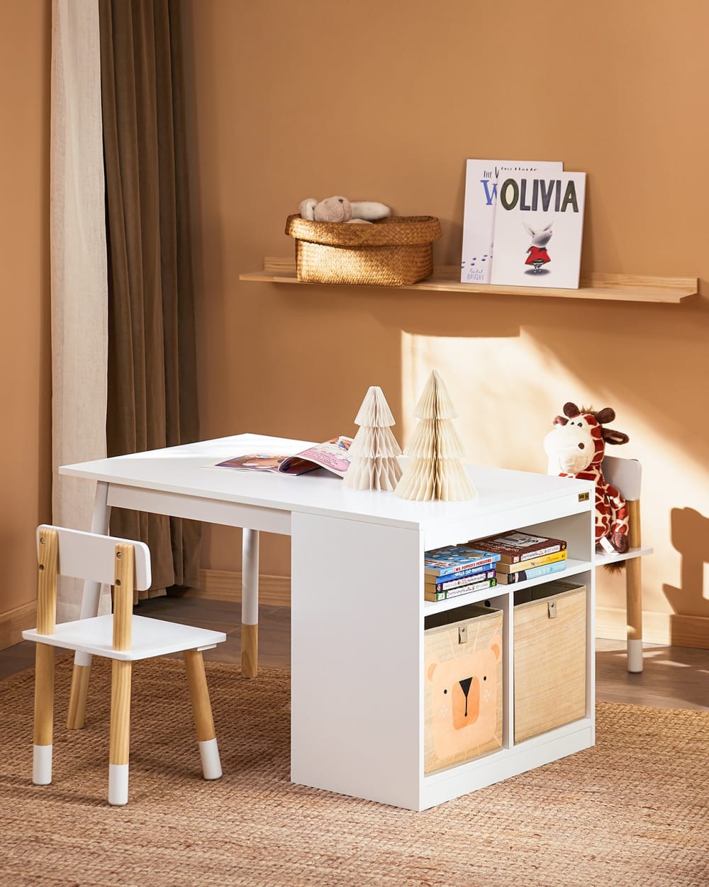 SoBuy Ensemble table enfant avec 2 chaises et 2 boîtes effet bois blanc Blanc 103x70x12cm