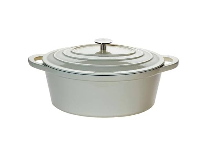 CHEF CUISINE Bräter Gusseisen mit Deckel, Oval groß, 6,7 L, Induktionsgeeignet, Antihafteffekt, geeignet zum Brot backen, inklusive Deckel mit Edelstahl Knopf, Creme